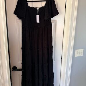 Baltic Born Black Tiered Maxi Dress with Flutter Sleeves  NWT